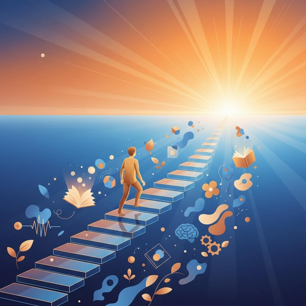 A person ascends a glowing blue staircase toward a bright, sunlit horizon filled with abstract shapes and learning symbols.