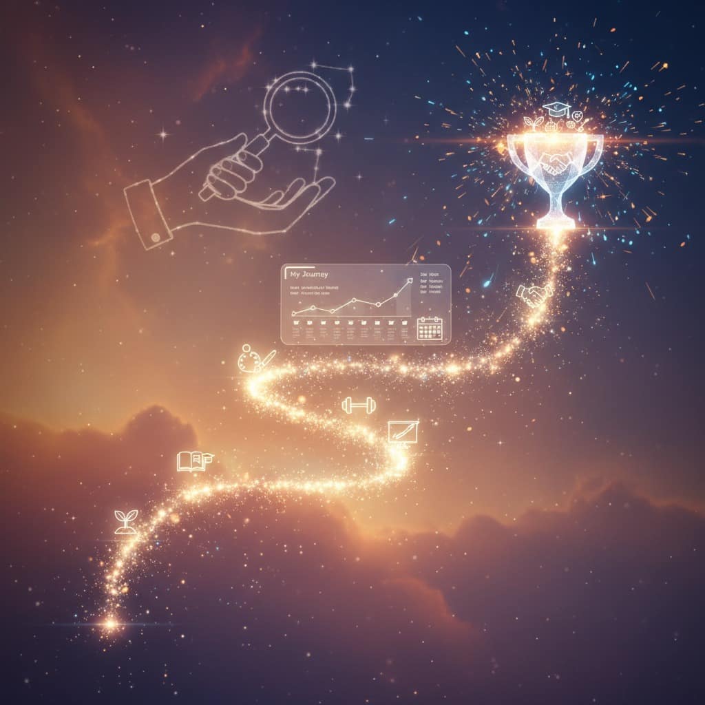 A glowing path curves upward through a sunset sky toward a glowing trophy surrounded by fireworks, passing various milestone icons along the way.