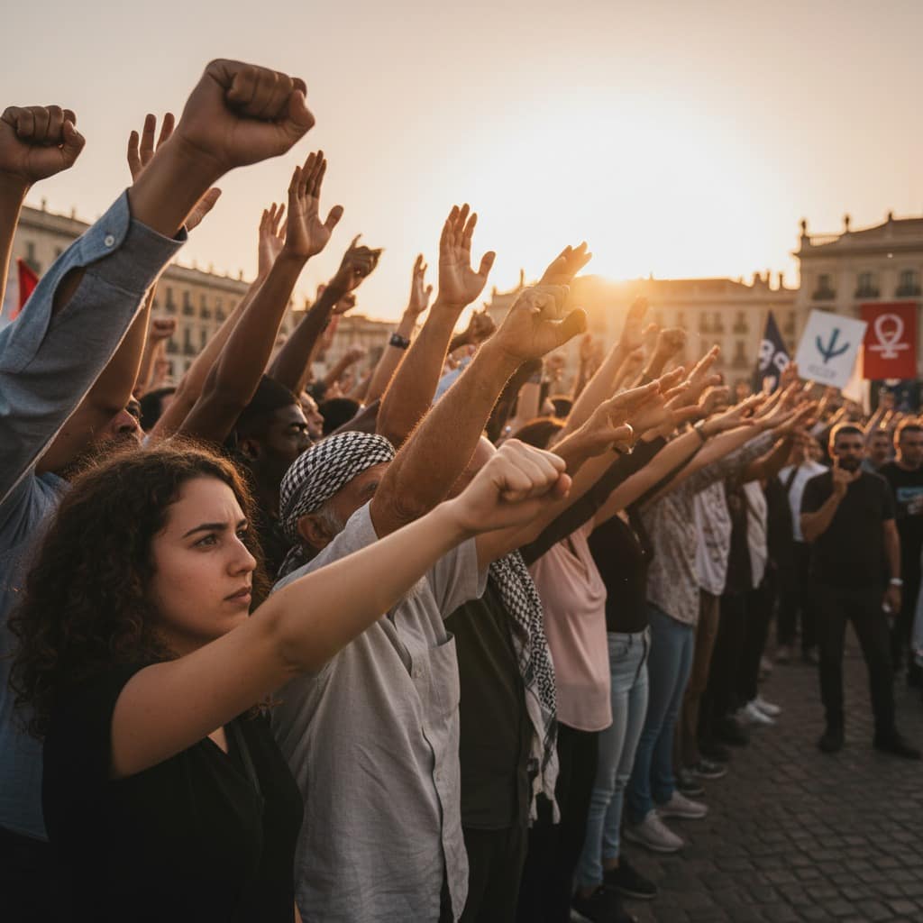 A diverse crowd of protesters stands in a public square at sunset with their arms raised in solidarity.