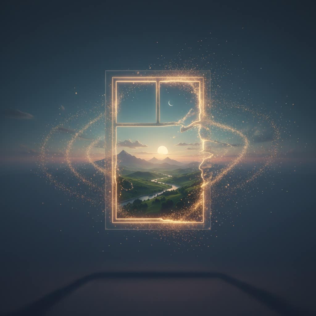 A glowing window floats in a dark space, revealing a sunny landscape of green hills and a winding river.