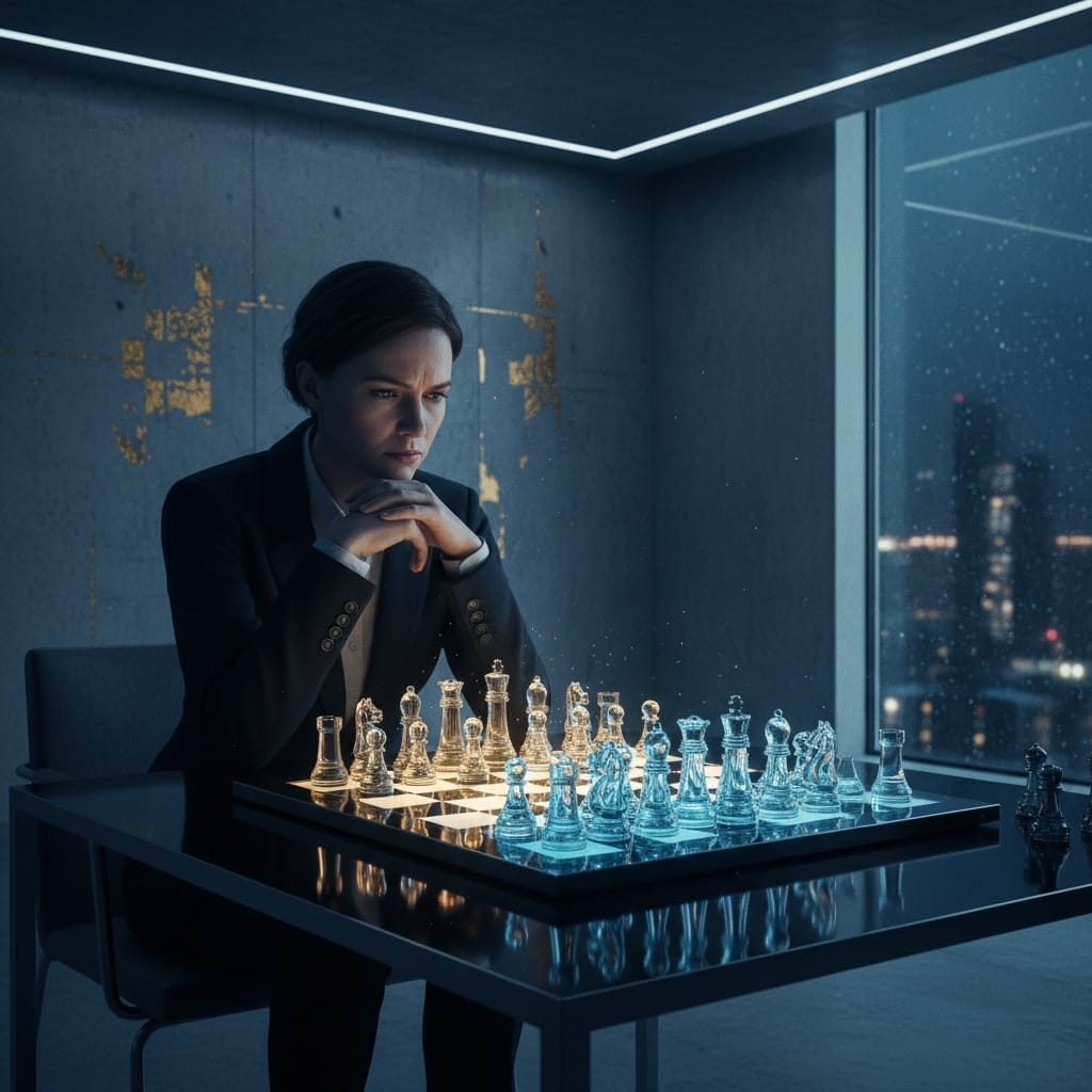 A woman in a business suit sits at a table in a dimly lit office, contemplating a game of chess with crystal pieces.