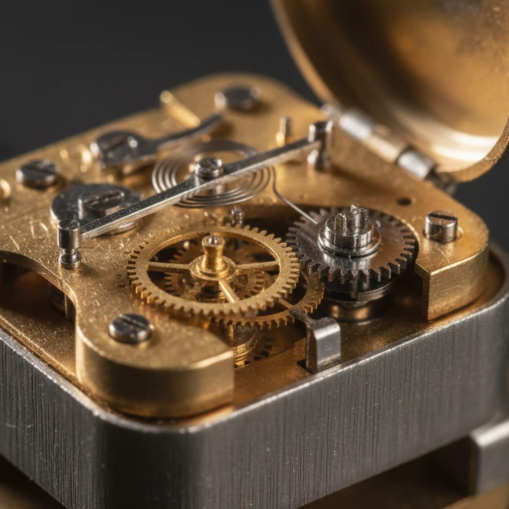 Close-up of the intricate brass gears and balance wheel inside an open mechanical timepiece.