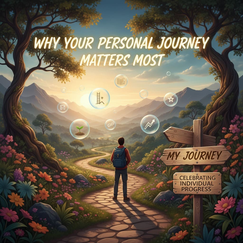A traveler with a backpack stands at a fork in a stone path surrounded by flowers and trees, looking toward a mountain sunrise with floating bubbles containing icons.